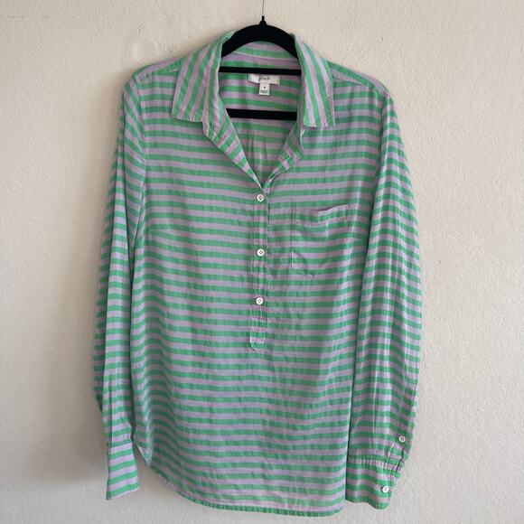 J. Crew Striped Green & Purple Silk Blend Popover Top Blouse Women’s - Size 8 - Picture 1 of 4